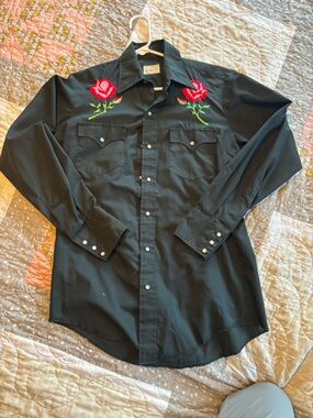 Vintage Men's Black Western Shirt with Red Rose Embroidery
